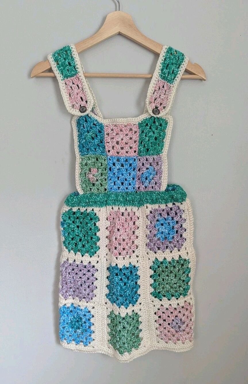 Handmade Crochet Granny Square Mini Dress Jumper Boho Festival Empire Stretch XS